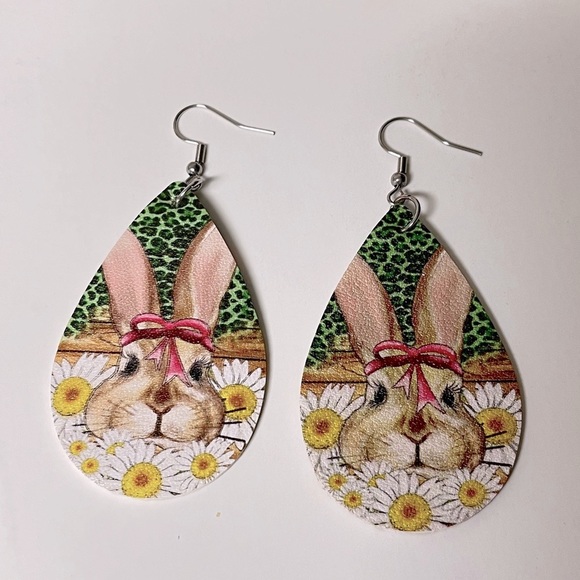 Jewelry - Bunny design, smooth teardrop , PU leather earrings. Colorful, new. 2.25”. NIP